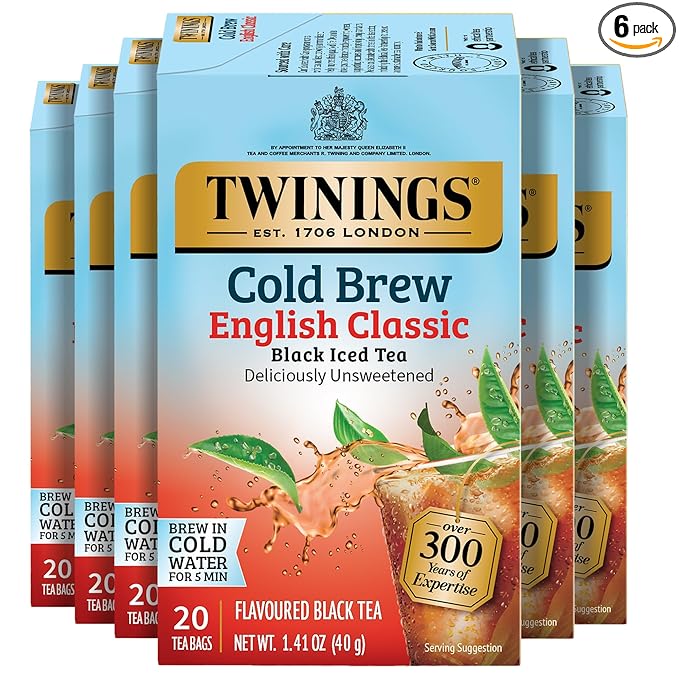 Twinings English Classic Cold Brew Iced Tea Bags, 20 Count (Pack of 6), Unsweetened Black Tea, Caffeinated, 120 Teabags - Bloomnest
