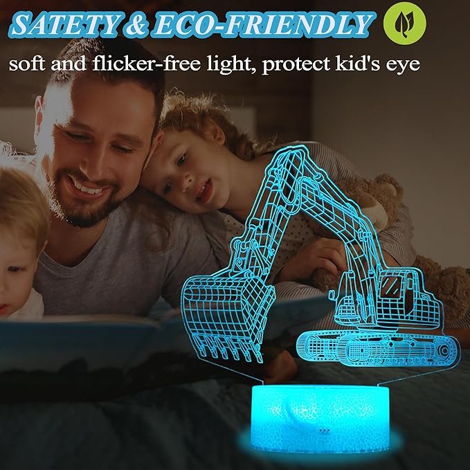 Excavator 3D Illusion Lamp for Kids, Excavator Night Light, Construction Vehicle Gifts with RGB 16 Colors Changing, Remote Control, Dimmable, Kids Room Decoration, Xmas Gifts - Bloomnest