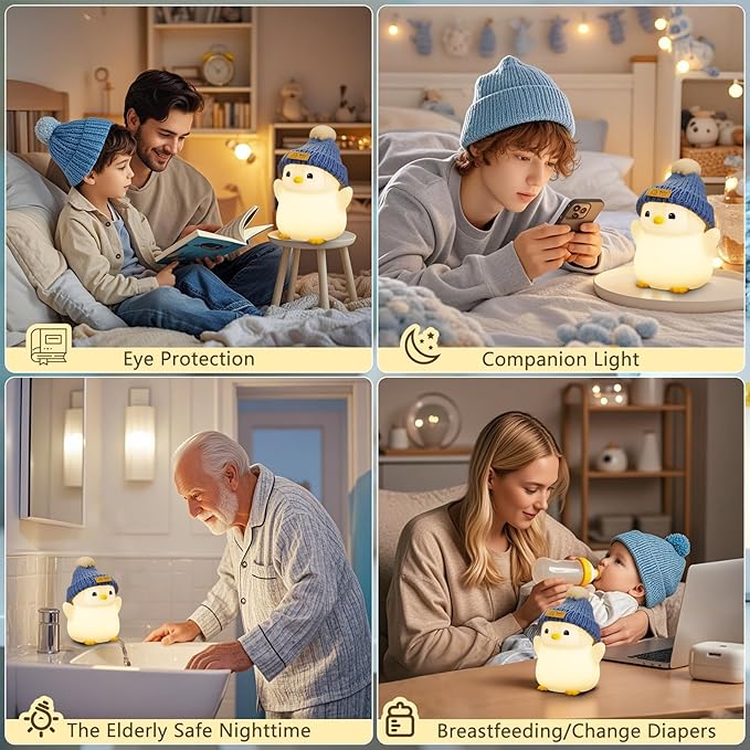 Penguin Night Light for Kids, Adorable Penguin Lamp with Hat, Food Grade Silicone Nursery Nightlight, Rechargeable/Dimmable/Timer,LED Squishy Novelty Animal Bedside Lamp,Funny Gifts for Boys - Bloomnest