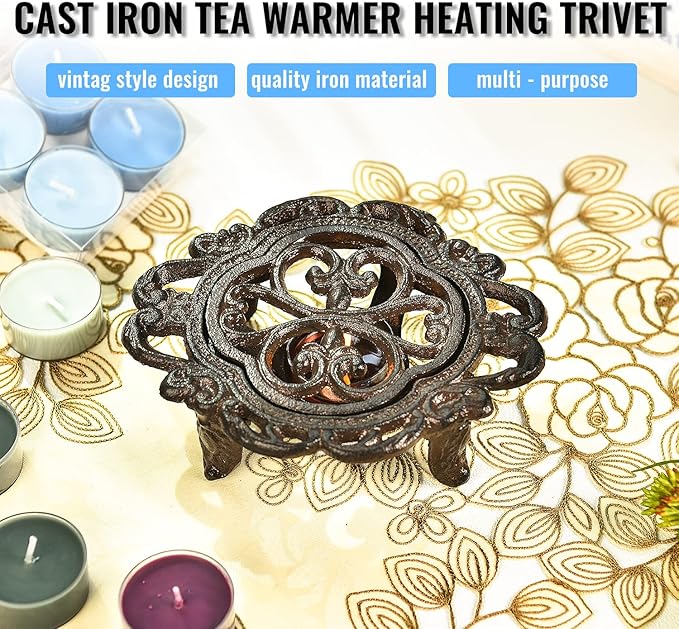 Sungmor Cast Iron Teapot Warmer Dish Cups Heater Pot Trivet - Rustic & Graceful Pattern Design with Tealight Holder - Heavy Duty & Decorative Candle Holder Stands for Heat Food Coffee Milk or Tea - Bloomnest