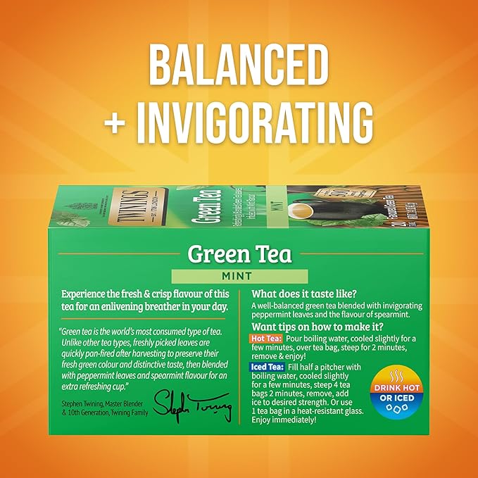 Twinings Green Tea with Mint Individually Wrapped Bags, 20 Count (Pack of 6), Invigorating Aroma, Caffeinated, Enjoy Hot or Iced, 120 Teabags - Bloomnest
