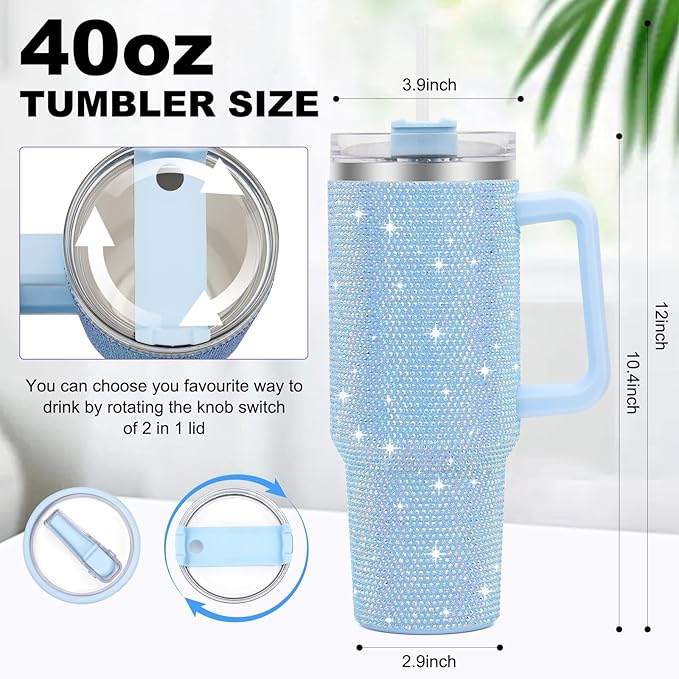 40 oz Tumbler with Handle and Flip Straw Lid, Insulated Leak Proof Double Walled Stainless Steel Rhinestone Diamond Studded Bling Travel Mug Tumblers, Maintains Cold Ice and Heat for Hours - Bloomnest