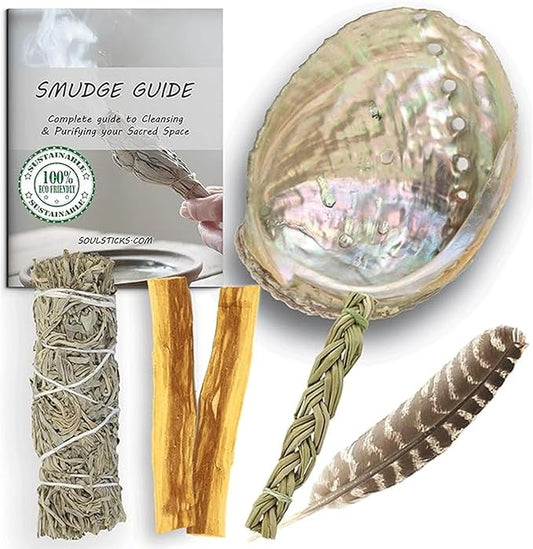 Ancient VEDA Sage Smudge Kit | Blue Sage, Sweetgrass & Palo Santo Sticks - Meditation, Yoga & Home Cleansing Kit