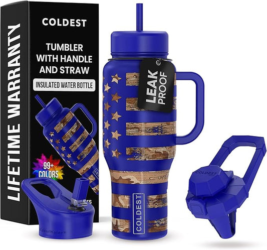 Coldest Tumbler with Handle and Straw - 100% Leak Proof Insulated Tumbler with Lid and Straw (3 Lids) - Stainless Steel Tumblers for Women & Men - Cup Holder Friendly Base, 36 oz (The Democrat) - Bloomnest