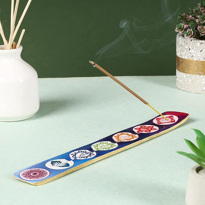 Bless-International Traditional-Handmade-Burner Wooden-Incense-Stick-Holder Ash-Catcher-Stand for-Aromatherapy-Meditation-Yoga (Seven Chakkra) 10 Inches, Pack of 1 - Bloomnest