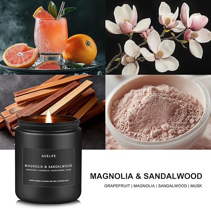 Magnolia & Sandalwood Candle | Masculine Candle - Candles for Men, Soy Candles for Home Scented, Manly Scented Decor for Home - Gifts for Men, 7oz Black Jar, Long Lasting - Bloomnest