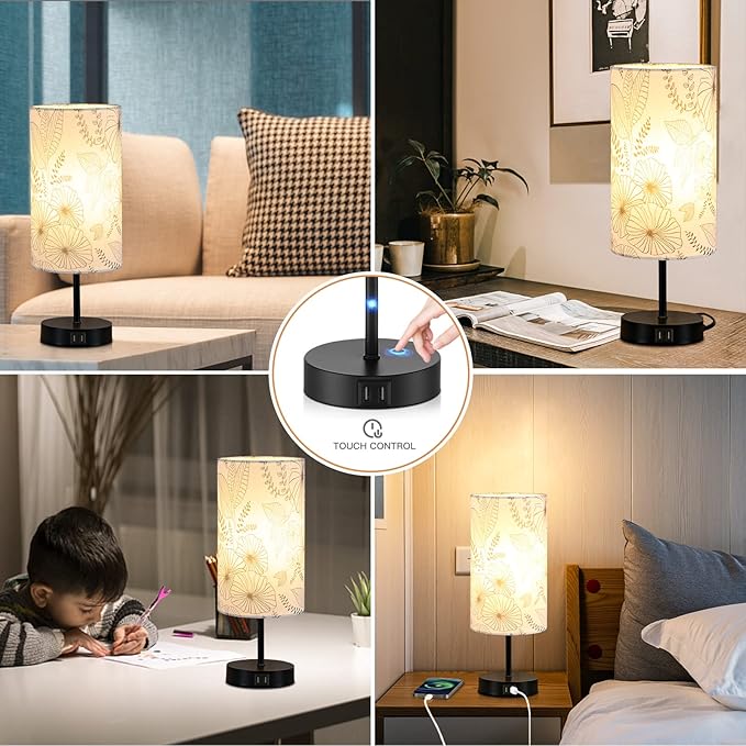Touch Control Bedside Lamp with 2 USB Ports, 3-Way Dimmable Table lamp for Bedroom, Nightstand Lamp with Round Flower Fabric Shade for Living Room Home Office (E26 LED Bulb Included) - Bloomnest