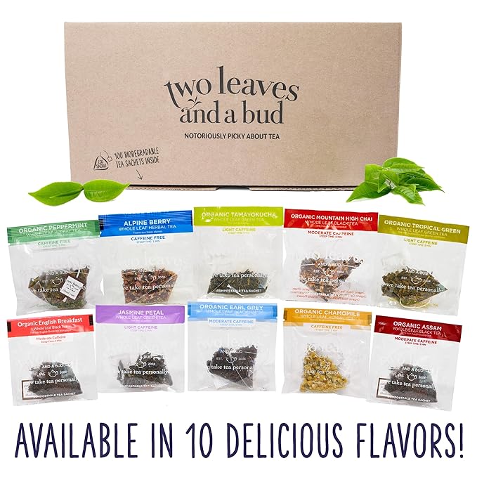 Two Leaves and a Bud Organic English Breakfast Tea Bags, Caffeinated Whole Leaf Black Tea in Compostable Sachets, 100 Count (Pack of 1) - Bloomnest