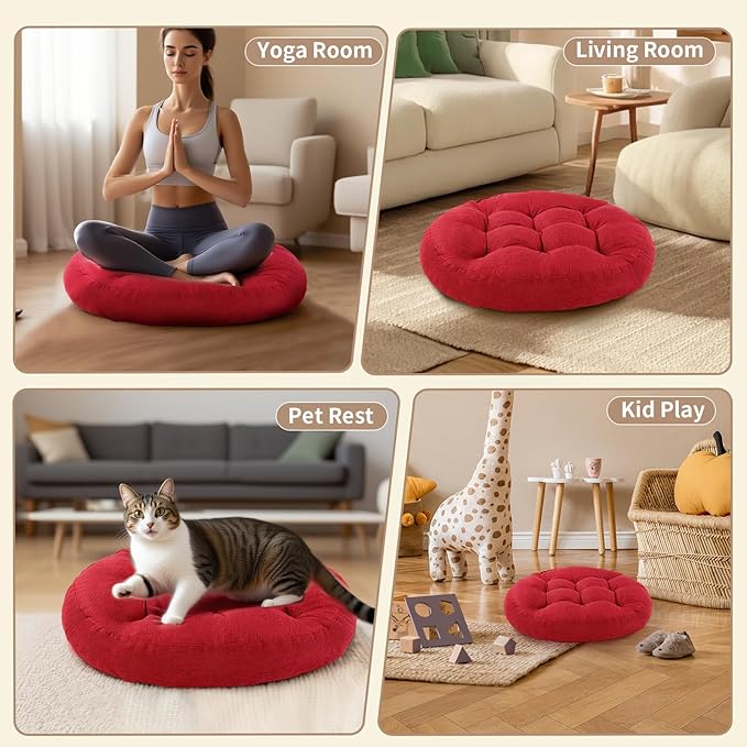 Meditation Floor Pillow, 2 Pack Round Floor Cushions for Adults, Button Tufted Seat Cushions for Yoga Tatami Living Room, Wine Red, 22 x 22 x 4 in - Bloomnest