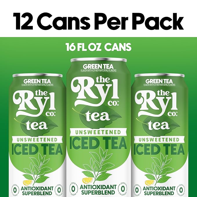 Ryl Iced Tea, Unsweetened Green Tea, Antioxidant Superblend, Zero Sugar, Zero Carb, Zero Calorie Iced Tea, 16.0 Fl Oz (12-Pack) - Bloomnest