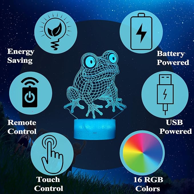 Cute Frog Night Light, Frog Gifts, Frog 3D Illusion Lamp with RGB 16 Colors Changing, Remote Control, Dimmable, Kids Room Decoration Baby's Light Room Decor Children Gifts - Bloomnest