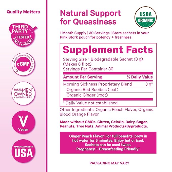 Pink Stork Organic Morning Sickness Pregnancy Tea - Hot or Iced Tea - Prenatal Heartburn, Indigestion, and Constipation Support - 1st Trimester Pregnancy Must Haves - Ginger Peach, 15 Sachets - Bloomnest