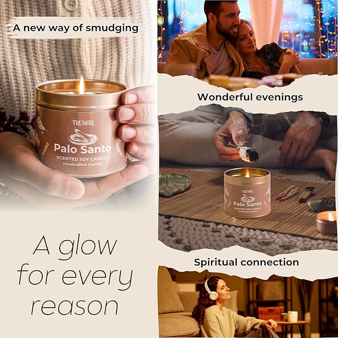 Palo Santo Candle for Home - Highly Scented with Citrine Crystals - Pack of 3 x 5oz Soy Wax Organic Non Toxic for Aromatherapy Relaxation Meditation - Room Decor for Men - Pet Safe Candel TRUMIRI