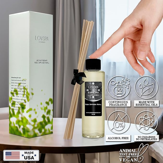 LOVSPA Euphoria Luxe Linen Diffuser Oil - Luxury Essential Oils for Diffuser Refill & Air Freshener Room Spray - Long-Lasting & Natural Home Fragrance, Scented Oil for Diffusers, USA Made, 4oz - Bloomnest