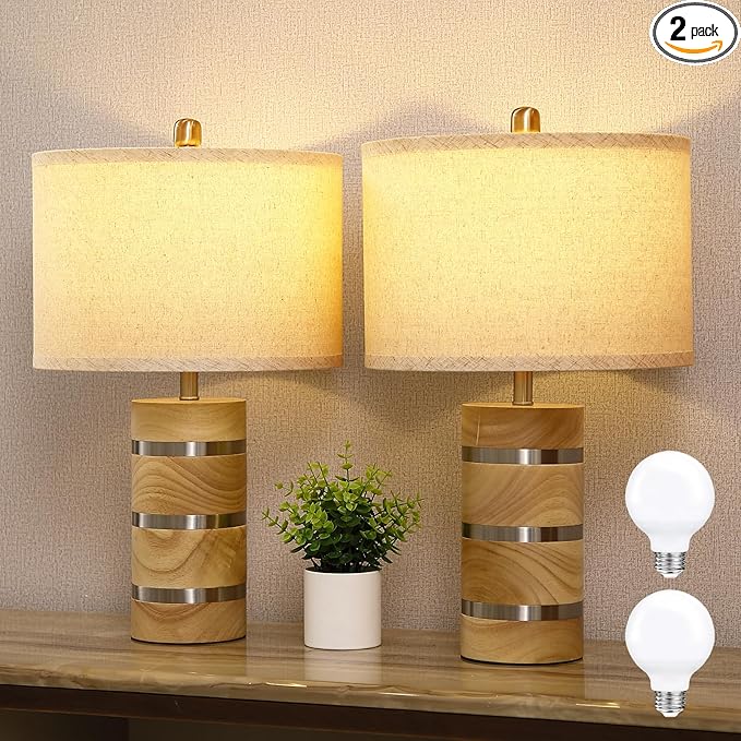 Retro Table Lamp,Farmhouse Nightstand Lamp,Rustic Wood Bedside Lamps,Desk Lamp for Bedroom Living Room Patio Hallway Hotel,UL Listed,Bulbs Included,Set of 2 - Bloomnest