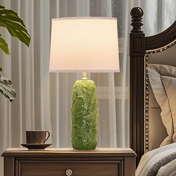 25” Green Lamps Set of 2 with Leaves Design for Living Room, Bedroom, Retro Ceramic Table Lamps for Nightstand Set of 2 - Bloomnest