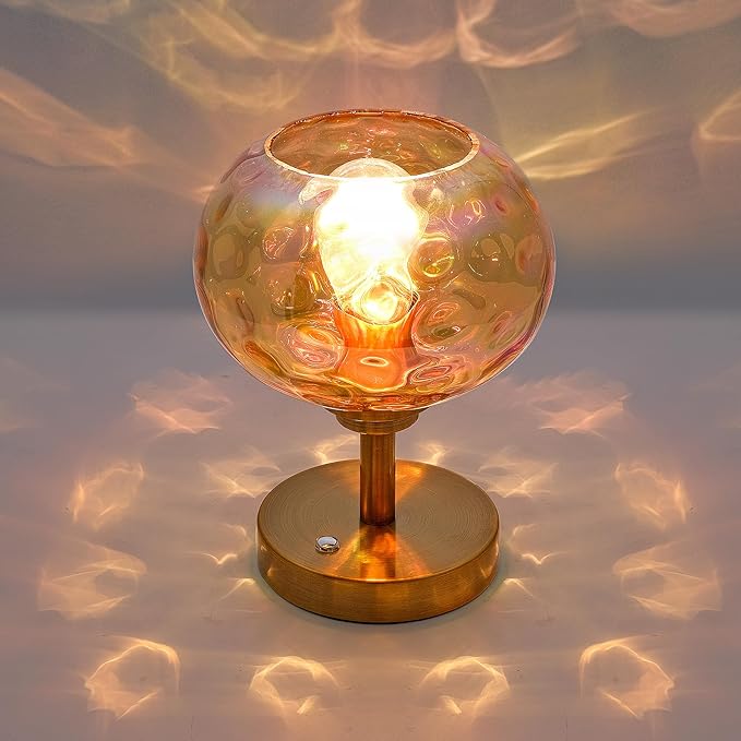 Touch Control Hammered Glass Table Lamp Brass Gold Portable Dimmable Brightness Small Nightstand Light 3-Way Stepless Dimming Bedside Bedroom Living Room (Colorful Amber Glass & Gold) - Bloomnest