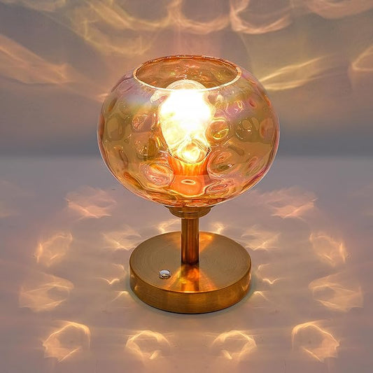 Touch Control Hammered Glass Table Lamp Brass Gold Portable Dimmable Brightness Small Nightstand Light 3-Way Stepless Dimming Bedside Bedroom Living Room (Colorful Amber Glass & Gold) - Bloomnest