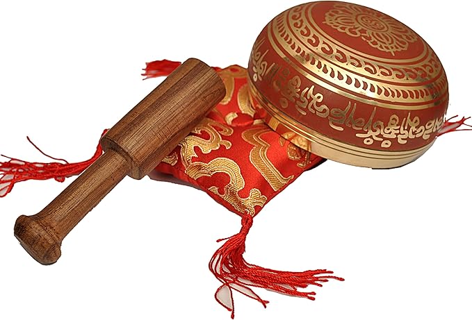 Tibetan Singing Bowl Set By Dharma Store - With Traditional Design Tibetan Buddhist Prayer Flag - Handmade in Nepal (Red) Dharma+Store