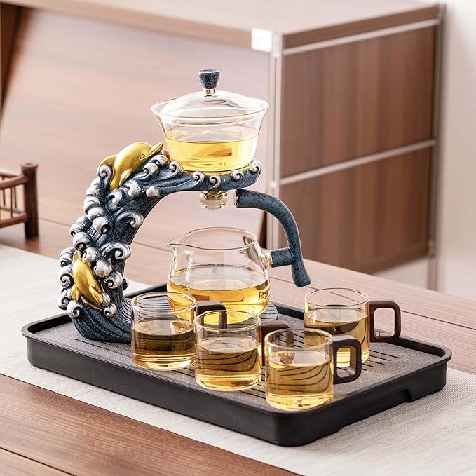 Glass Teapot Set with Infuser Semi Automatic Tea Set Magic Teapot (Dolphins) - Bloomnest