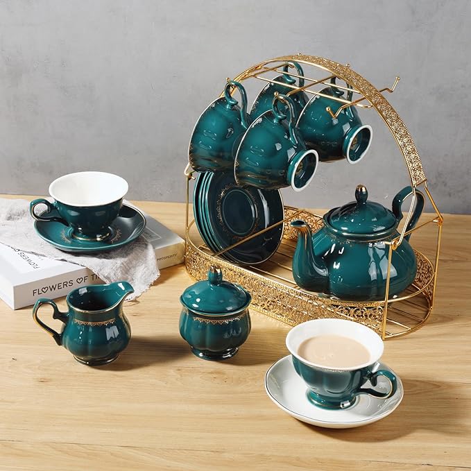 CHENP.HMC Tea Set 22-Piece Porcelain Ceramic Coffee Tea Sets Cups Saucer Service for 6 Teapot Sugar Bowl Creamer Pitcher and Teaspoons Porcelain Tea Set(Dark Green) - Bloomnest
