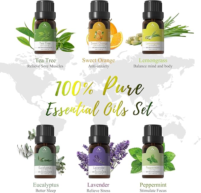ASAKUKI Oil Diffuser with Essential Oils Set, 500ml Aromatherapy Humidifier with 14 LED Colors & Auto Shut-Off - 6 Oil Gift Pack(Lavender Eucalyptus Tea Tree Orange Peppermint Lemongrass) - Bloomnest