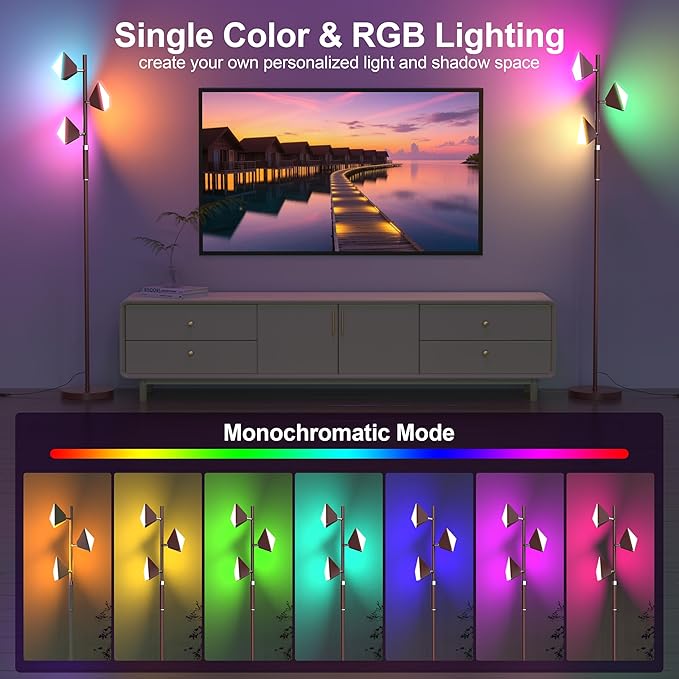 RGB Tree Floor Lamp for Living Room, Stepless Dimmable Tall Standing Lamp with Remote, Touch Control and 3 Rotatable Light, Bright LED Lights for Bedroom with 4 Color-Changing, Oil Rubbed Bronze - Bloomnest