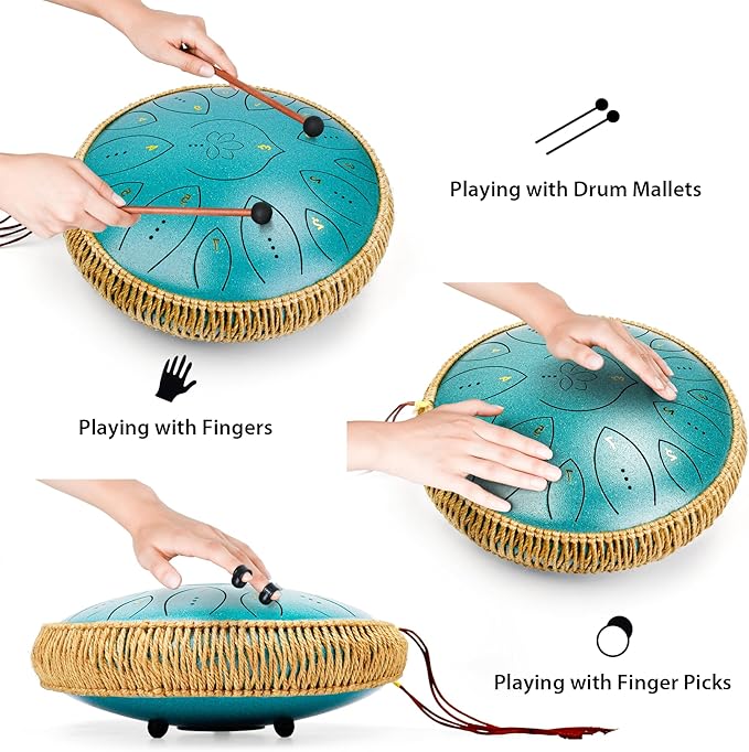 Steel Tongue Drum 13 Inches 15 Notes, Hand Pan Drums for Adults 440hz, C Major Handpan Musical Instrument with Song Book, Mallets and Carry Bag, Malachite Green - Bloomnest