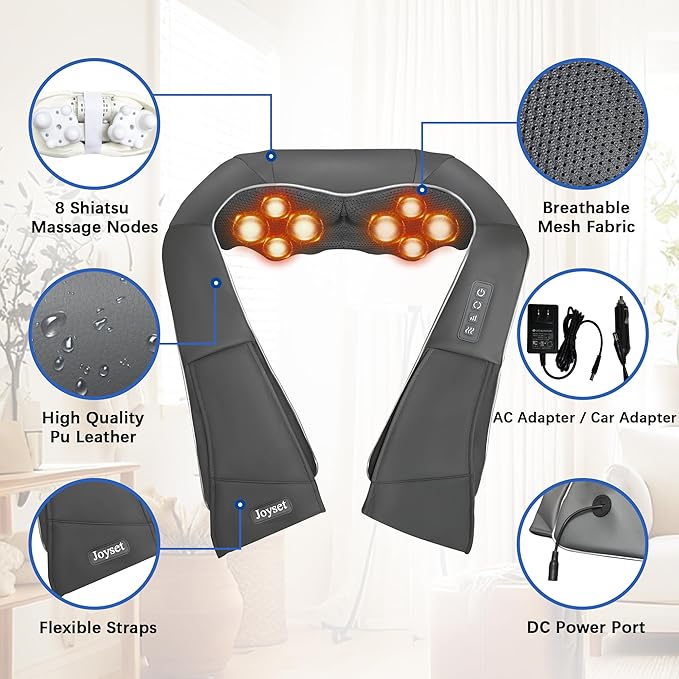 Joyset Shiatsu Neck and Back Massager with Heat,Electric Shoulder Massager for Pain Relief Deep Tissue,3D Kneading Massage with Cloth Cover Easy to Clean Best Gift for Men Women Parents (Gray) - Bloomnest