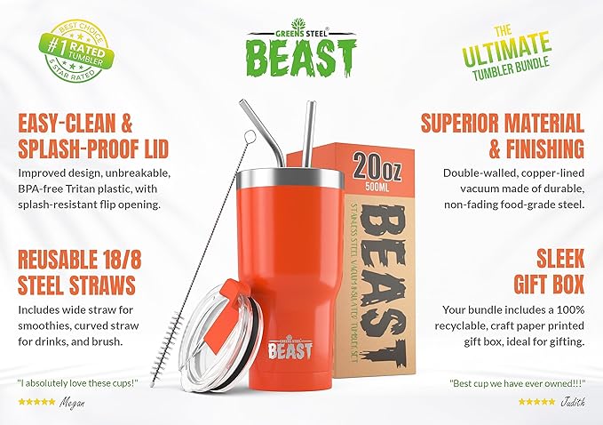 Beast 20 oz Tumbler Stainless Steel Vacuum Insulated Coffee Ice Cup Double Wall Travel Flask (Orange) - Bloomnest
