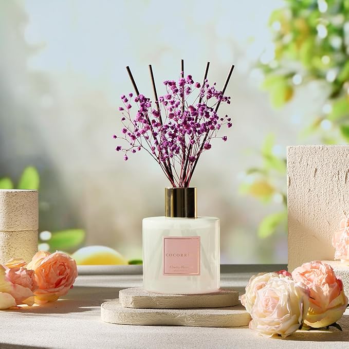 COCORRÍNA Reed Diffuser - Cherry Blossom 17 Fl.oz Reed Diffuser with 8 Sticks Scented Diffuser with Preserved Flowers for Bathroom Home Decor - Bloomnest