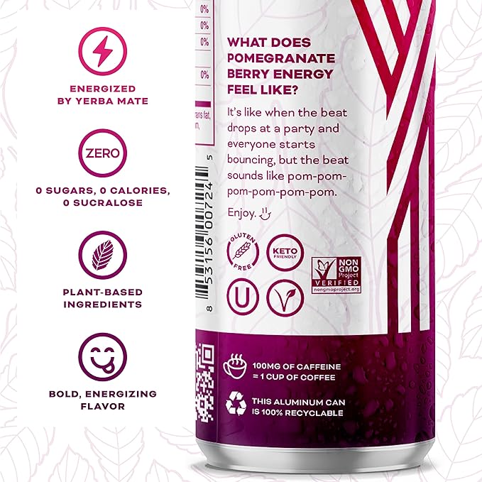 Yerbaé Energy Seltzer - Pomegranate Berry, No Sugar/Calories/Carbs. Energized by Yerba Mate, Naturally Caffeinated Plant-Based, Healthy Alternative to Coffee, Sugary Sodas, Pack of 12, 12oz cans - Bloomnest