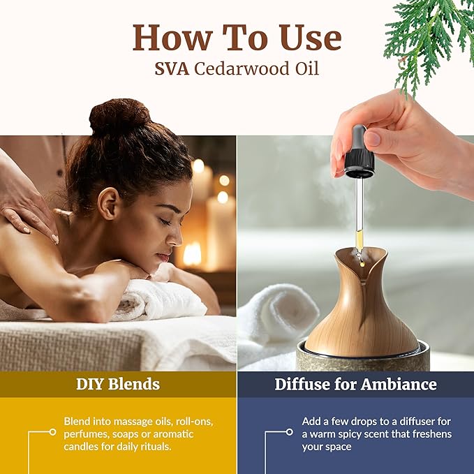SVA Cedarwood Essential Oil – 4 Fl Oz – 100% Natural Cedar Cupressus Funebris Oil - for Diffuser, Hair Care, Face, Skin Care, Aromatherapy, Scalp and Body Massage, Soap and Candles - with Dropper - Bloomnest
