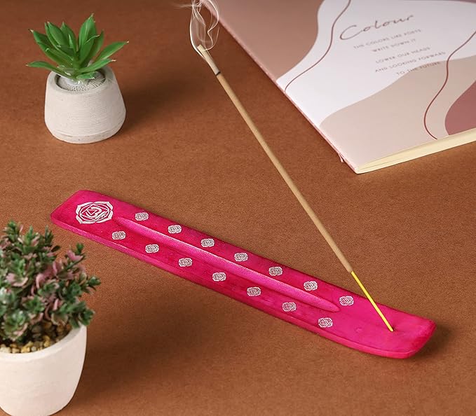 Bless-International Traditional-Handmade-Burner Wooden-Incense-Stick-Holder Ash-Catcher-Stand for-Aromatherapy-Meditation-Yoga (Heart Pink) 10 Inches, Pack of 2 - Bloomnest