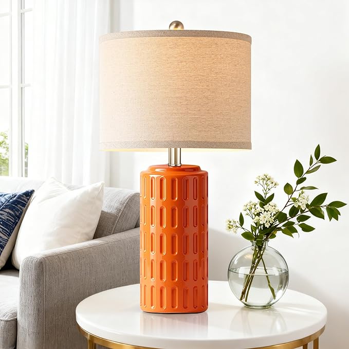 PARTPHONER 23" Farmhouse Modern Ceramic Table Lamp Set of 2 - Orange Bedside Lamps for Bedroom & Living Room, Nightstand, Desk, End Table - Bloomnest