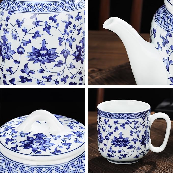 fanquare Chinese Blue and White Porcelain Teapot Set Traditional Kung Fu Tea Sets with 6 Cups for Loose Leaf Tea Adults