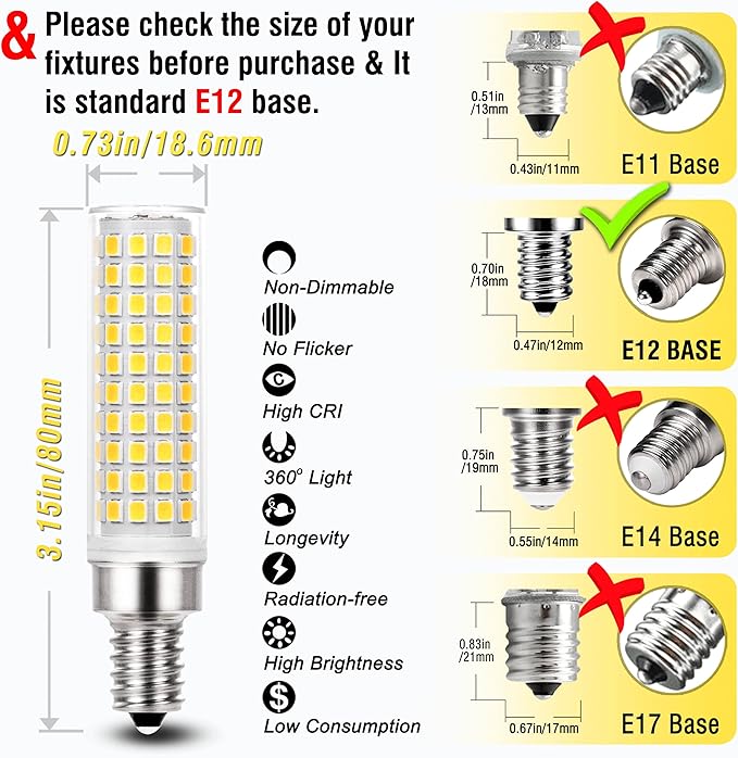 ALIDE E12 100w LED Candelabra Bulbs Replacement C7,4000K Natural White,1200lm T6 10W LED E12 Candle Light Bulbs for Ceiling Fan Pendant Lighting Salt Lamp,Non-dimmable,5 Pack - Bloomnest