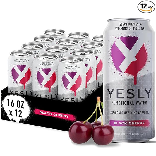 Yesly Functional Water, Black Cherry, Naturally Flavored Still Water with Electrolytes, Magnesium, Potassium, Vitamin C, B6 & B12, Zero Sugar, No Artificial Sweeteners, 16 Fl Oz Cans, 12 Pack