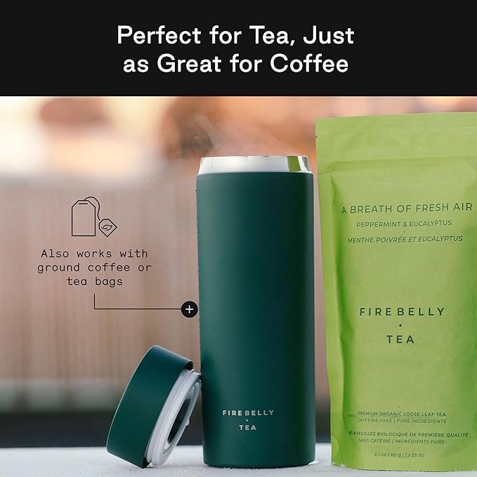 Firebelly Tea, Travel Tea Infuser Mug with Strainer, Insulated Tumbler for Loose Leaf Tea or Coffee, Leakproof Bottle for Hot or Iced Drinks, Stainless Steel Thermos with Lid, Forest - Bloomnest