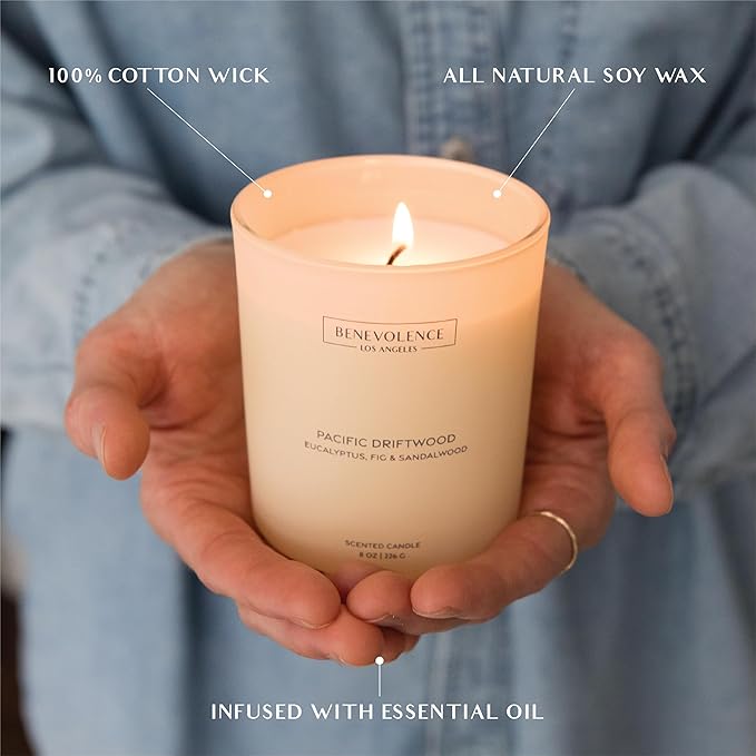 Eucalyptus, Fig & Sandalwood – Benevolence LA Fall Scented Candle for Home | 8oz, 45-Hour Burn | Natural Soy Wax, Cotton Wick | Fresh Autumn Fragrance | Malibu Sands Collection – Gift for Women & Men - Bloomnest