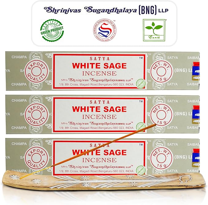 Satya Nagchampa White Sage Incense Sticks, Satya Bng (Bangalore) Insenses 15gmx3 Pack (45 GMS) with Raajsee Incense Holder Bundle, Satya Nagchampa Natural Incense - Bloomnest