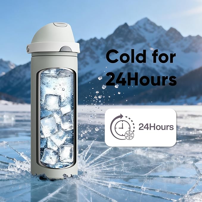 Insulated Water Bottle with Straw - Encool Stainless Steel Water Bottle with Push Button Lid, Leak-Proof & BPA-Free, Keeps Cold for 24 Hours for Sports, Travel, Gym (24 oz, Silver Grey) ENCOOL