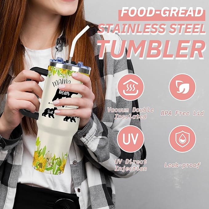 Personalized Mama Bear Tumbler with Kids' Names, Custom 40oz Tumblers with Handle and Straw Lid, Mothers Day Birthday Gifts From Daughter Son, Stainless Steel Travel Coffee Mug, Gifts for Christmas - Bloomnest