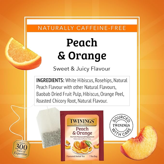 Twinings Peach & Orange Herbal Tea Individually Wrapped Bags, 20 Count (Pack of 6), Juicy & Fruity, Naturally Caffeine-Free, Enjoy Hot or Iced, 120 Teabags - Bloomnest