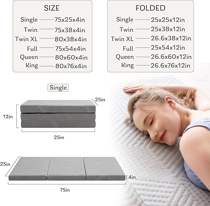 MLILY Tri-Fold Memory Foam Mattress, 4 inch Full Folding Mattress with Collapsible and Washable Cover, Travel and Guest Mat, 75"×54"×4", Grey - Bloomnest