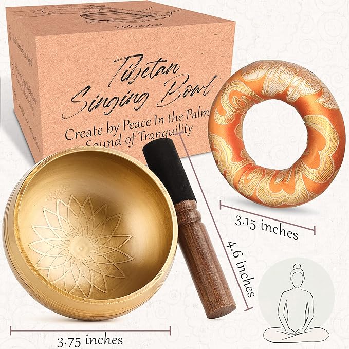 Tibetan Singing Bowls Set-Hand-hammered in Nepal Sound Bowl for Meditation, Yoga, Chakra, Meditation Accessories, Stress Relief Tool and Unique Gifts for Women, Men (Yellow, 4 inch)