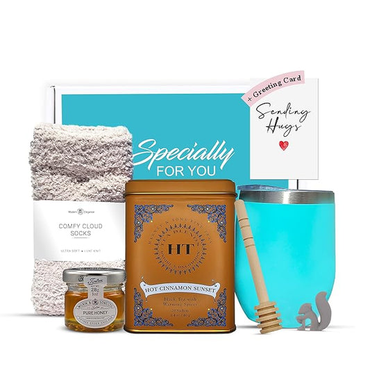 Tea Gift Set for Women – Thoughtful Get Well Gift Box with Cozy Socks, Stainless Tumbler, 20 Sachets, Honey Jar & Sending Hugs Card (Hot Cin Sunset Teaa - Cloud Socks) - Bloomnest