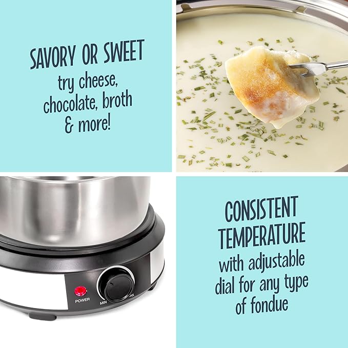 Nostalgia 8-Cup Electric Fondue Pot Set for Cheese & Chocolate - 8 Color-Coded Forks, Temperature Control - Kitchen Gadgets and Appliances for Hors d'Oeuvres and More - Stainless Steel - Bloomnest