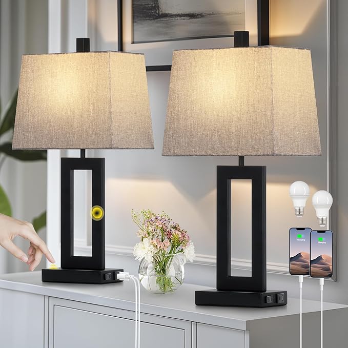 Touch Control Table Lamp Set of 2, Modern Black Bedside Lamps with USB C+A Ports & AC Outlet, 3 Way Dimmable Bedroom Lamps for Night Stands Bedroom Living Room,Nightstand Lamp - Bloomnest