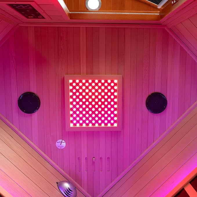 WOODBRIDGE Infrared Sauna Room 2 Person Japanese Cedar Indoor Corner Sauna with 7 Carbon Heaters, Red Light Therapy,Bluetooth Speaker,Intelligent Dual Control System,Tempered Glass,Exterior Brim Light WOODBRIDGE